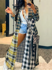  Colorblock Plaid Print Button Up Long Sleeve Shacket