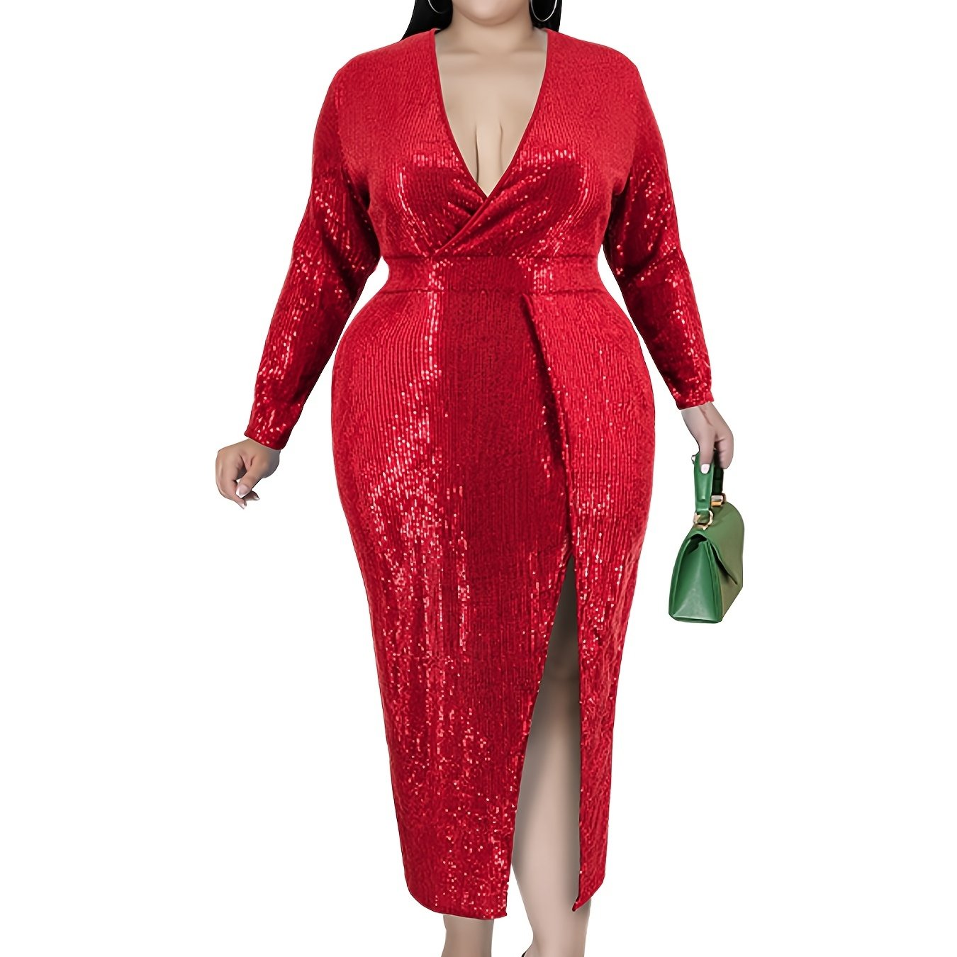 Sequin Deep V Neck Maxi Dress with High Split Sleeves