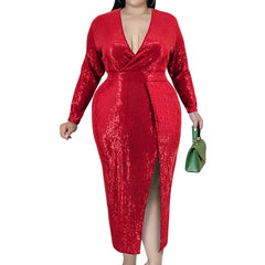 Sequin Deep V Neck Maxi Dress with High Split Sleeves