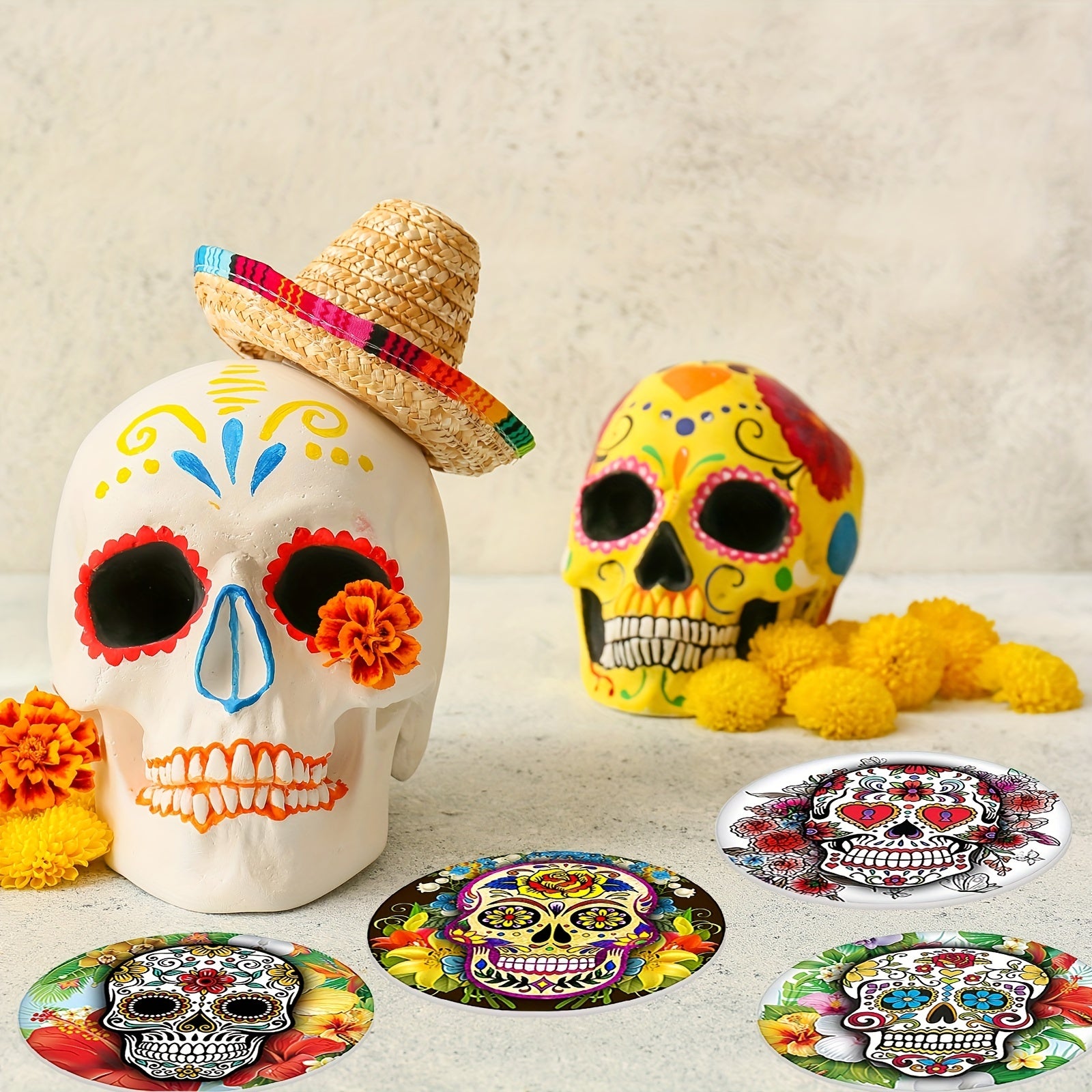 8pcs Mexican Skull Diamond Painting Holder DIY Halloween Skeleton Coaster