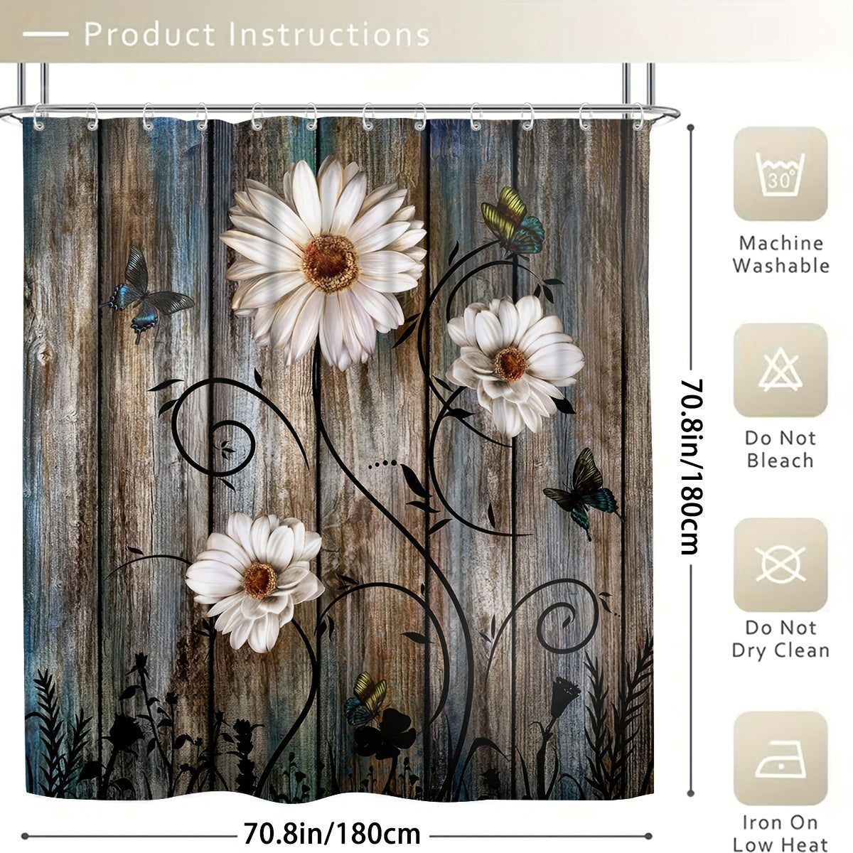 Non Slip Wooden Shower Curtain Set with 12 Hooks and Bathroom Decor