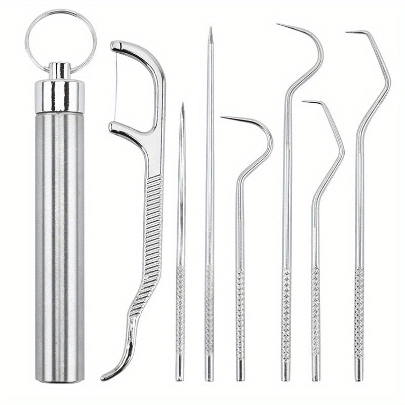 Stainless Steel Toothpick Set Dental Floss Tooth Remover Key Chain Cylinder