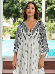  Geometric Print Batwing Sleeve V Neck Cover Up Dress