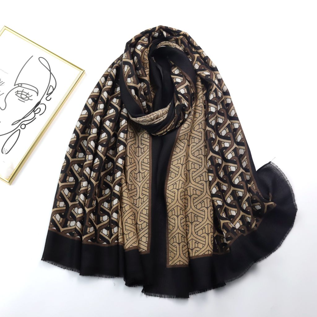 Geometric Ring Print Scarf Block Shawl Frayed Edge Windproof Head Wrap