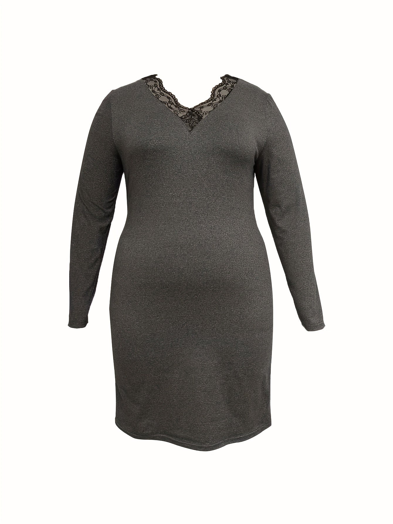  Solid Long Sleeve Lace Trim V Neck Dress