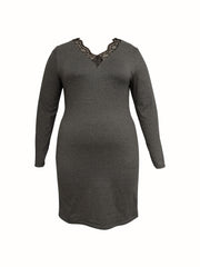  Solid Long Sleeve Lace Trim V Neck Dress