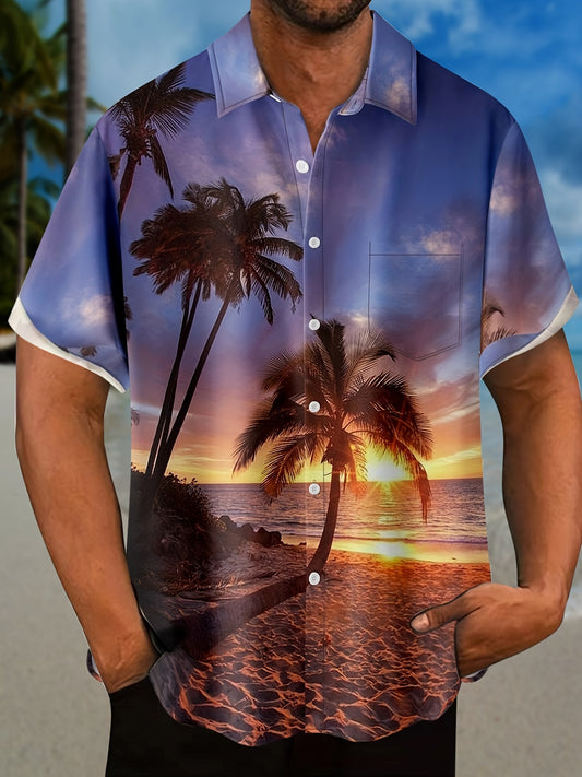 Men's Palm Tree Beach Sunset Short Sleeve Hawaiian Shirt