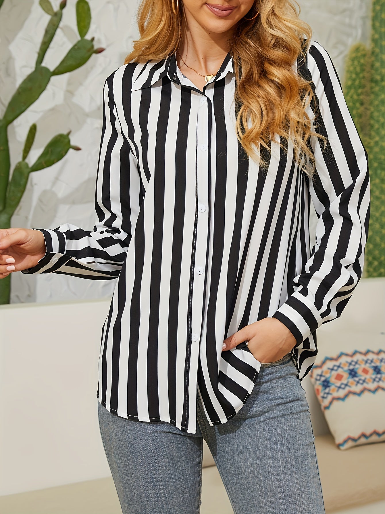  Stripe Print Button Up Long Sleeve Collar Shirt Top