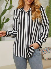  Stripe Print Button Up Long Sleeve Collar Shirt Top