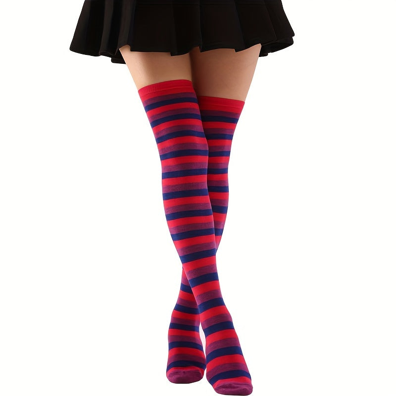 4 Pairs Striped Thigh High Socks Colorblock Over The Knee Socks