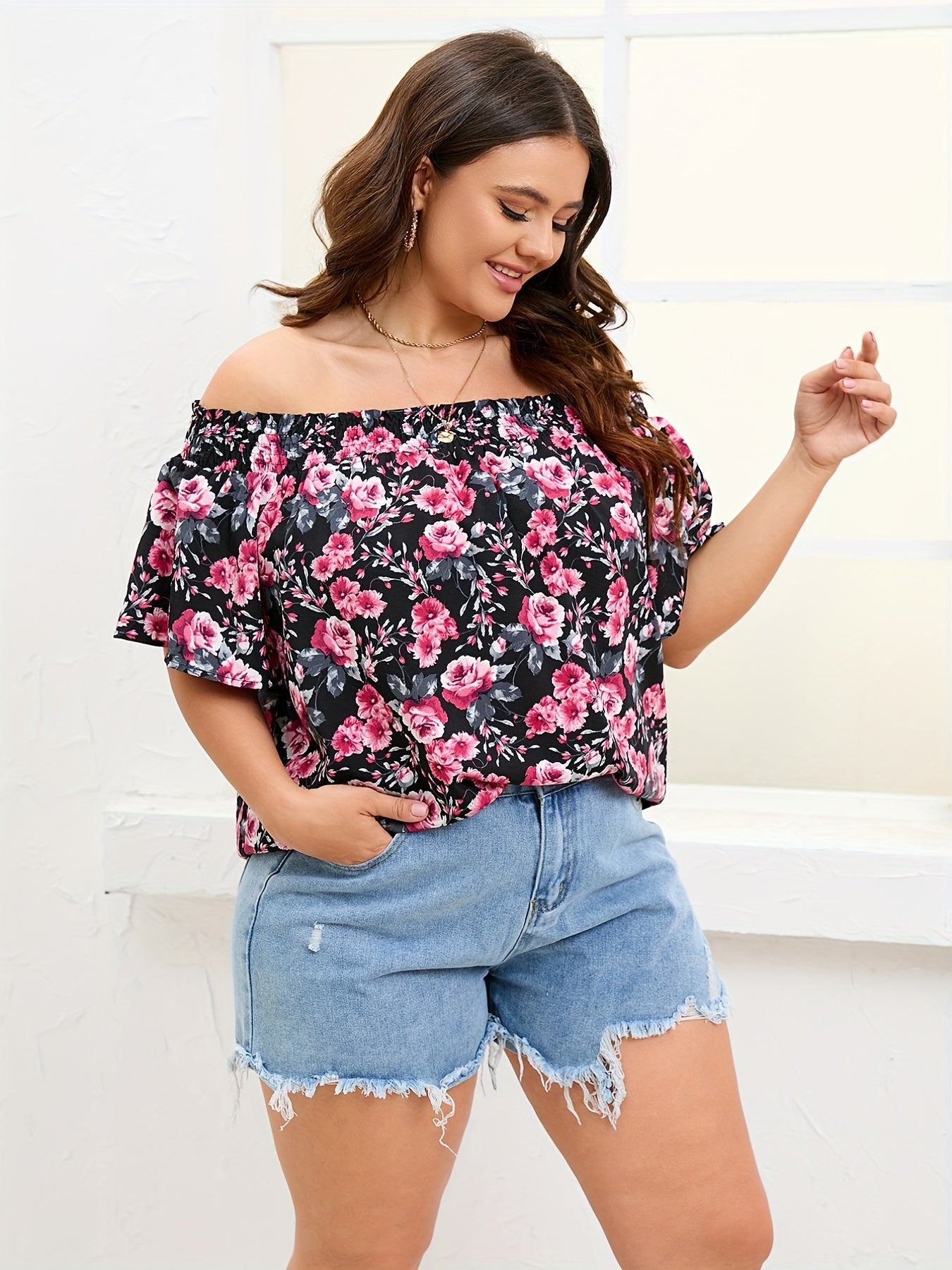  Rose Print Off Shoulder Short Sleeve Top