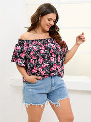  Rose Print Off Shoulder Short Sleeve Top