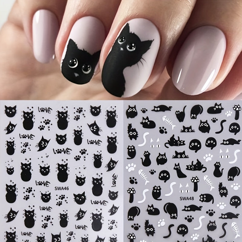 2 Pack Cat Nail Art Stickers Halloween Cartoon Animal Decals DIY Decorations