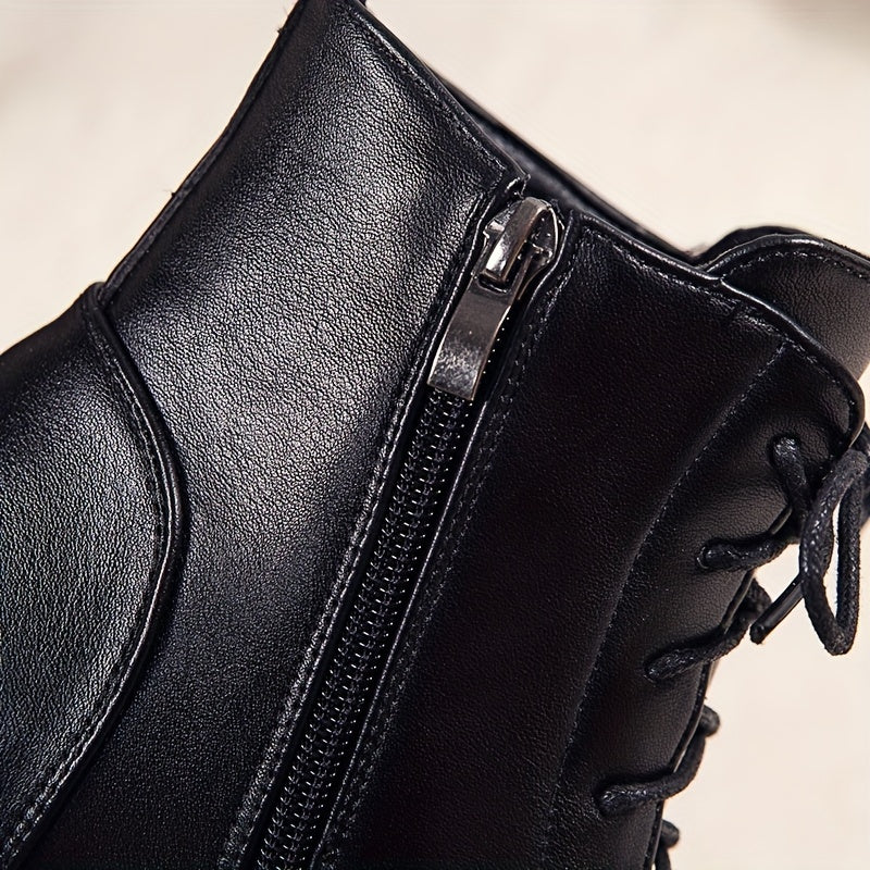 Women's Side Zipper Boots Round Toe Lace Up Shoes Solid Boots