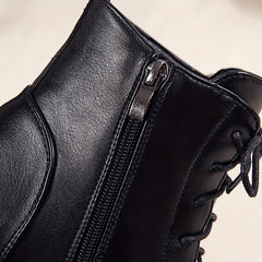 Women's Side Zipper Boots Round Toe Lace Up Shoes Solid Boots