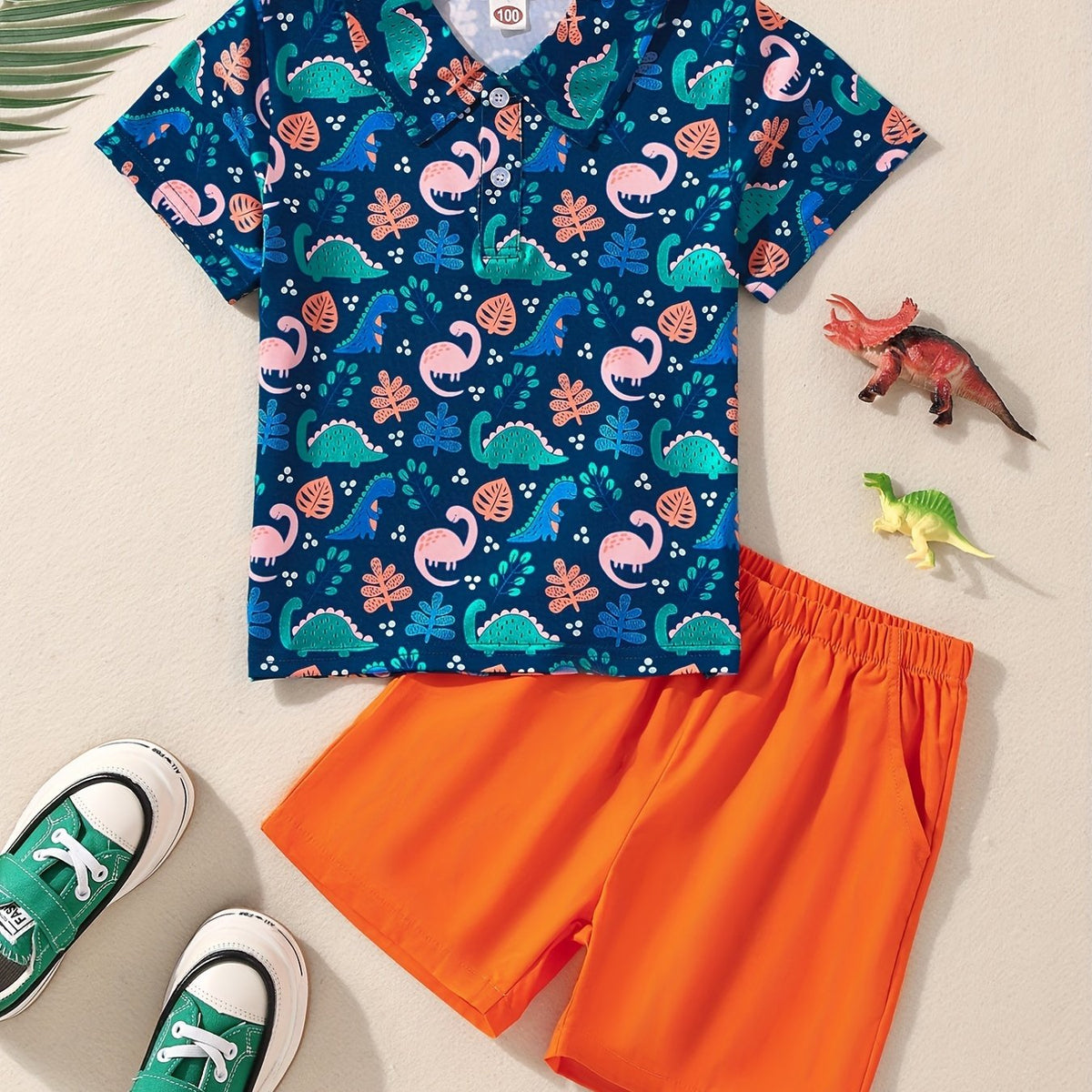 Boys Dino & Leaves Print Polo Shirt & Shorts Set