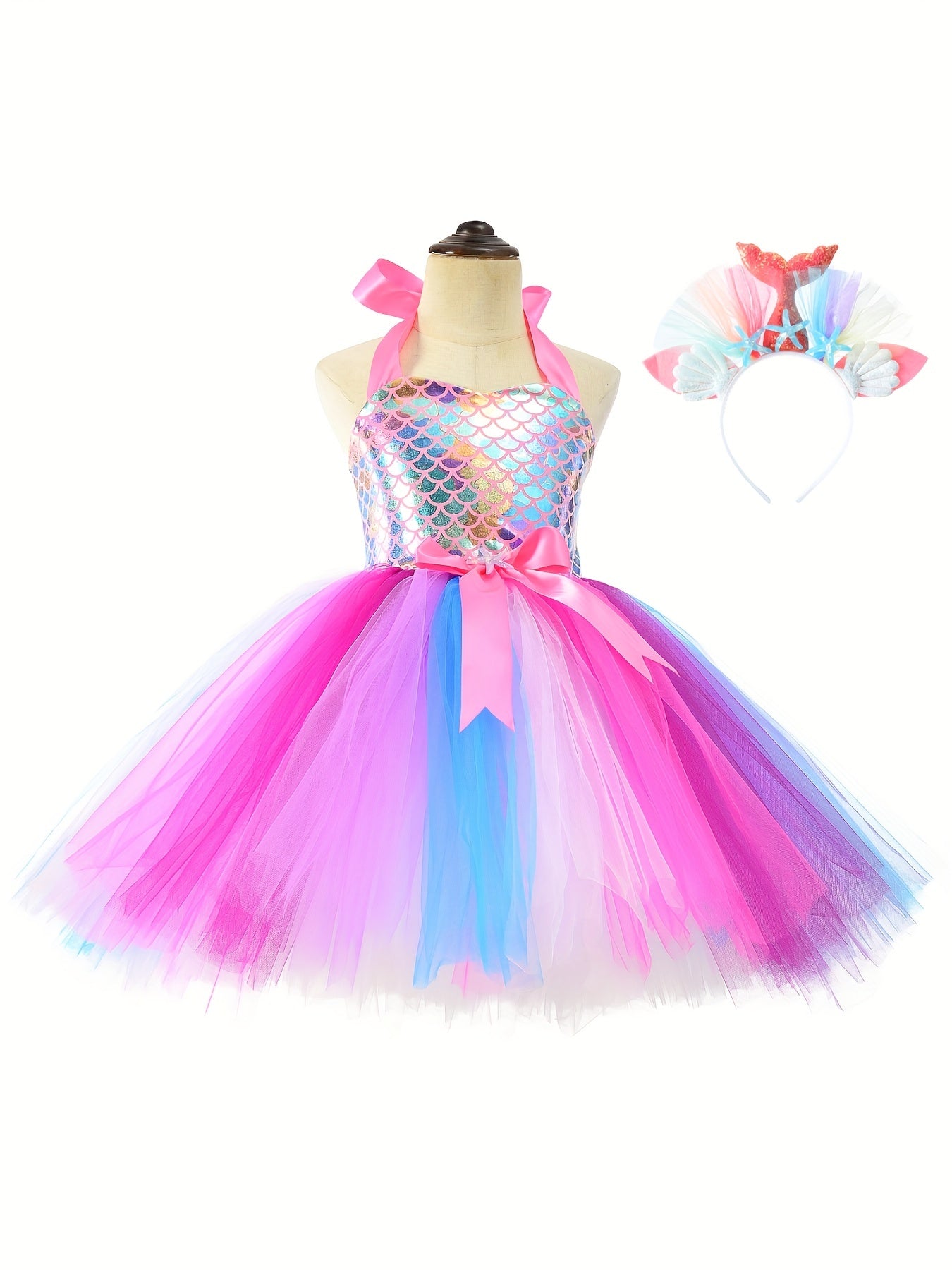 Mermaid Cosplay Costume & Headband 2pcs Toddler Girl's Halter Neck Mesh Dress