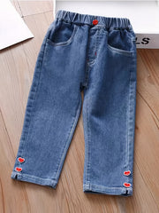 Heart Embroidered Girls' Jeans with Pockets