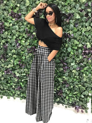 Houndstooth Wide Leg Pants High Waist Casual Pants With Pockets