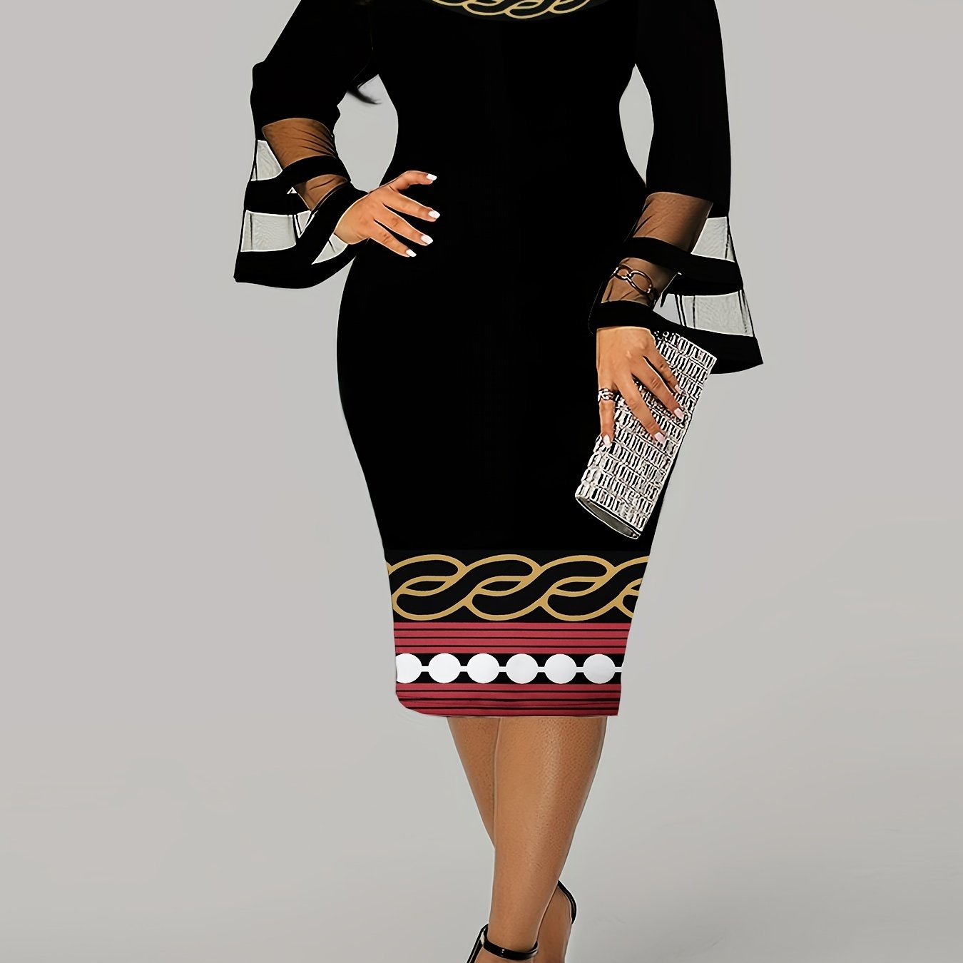  Colorblock Geometric Print Mesh Bell Sleeve Midi Dress