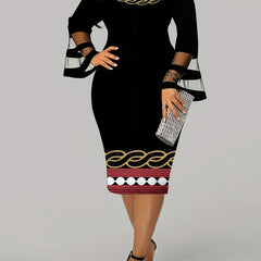  Colorblock Geometric Print Mesh Bell Sleeve Midi Dress
