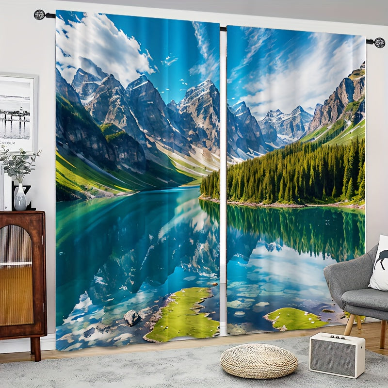 2pcs Snow Mountain River Reflection Curtain Window Curtain