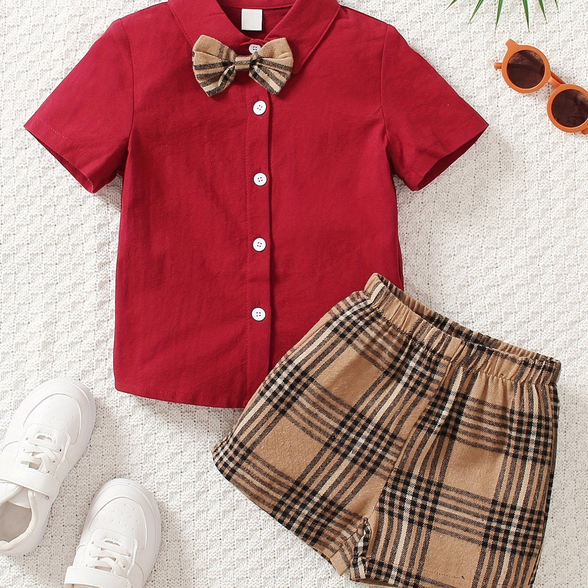 Toddler Boy's Gentlemen Bowtie Shirt & Plaid Shorts Set