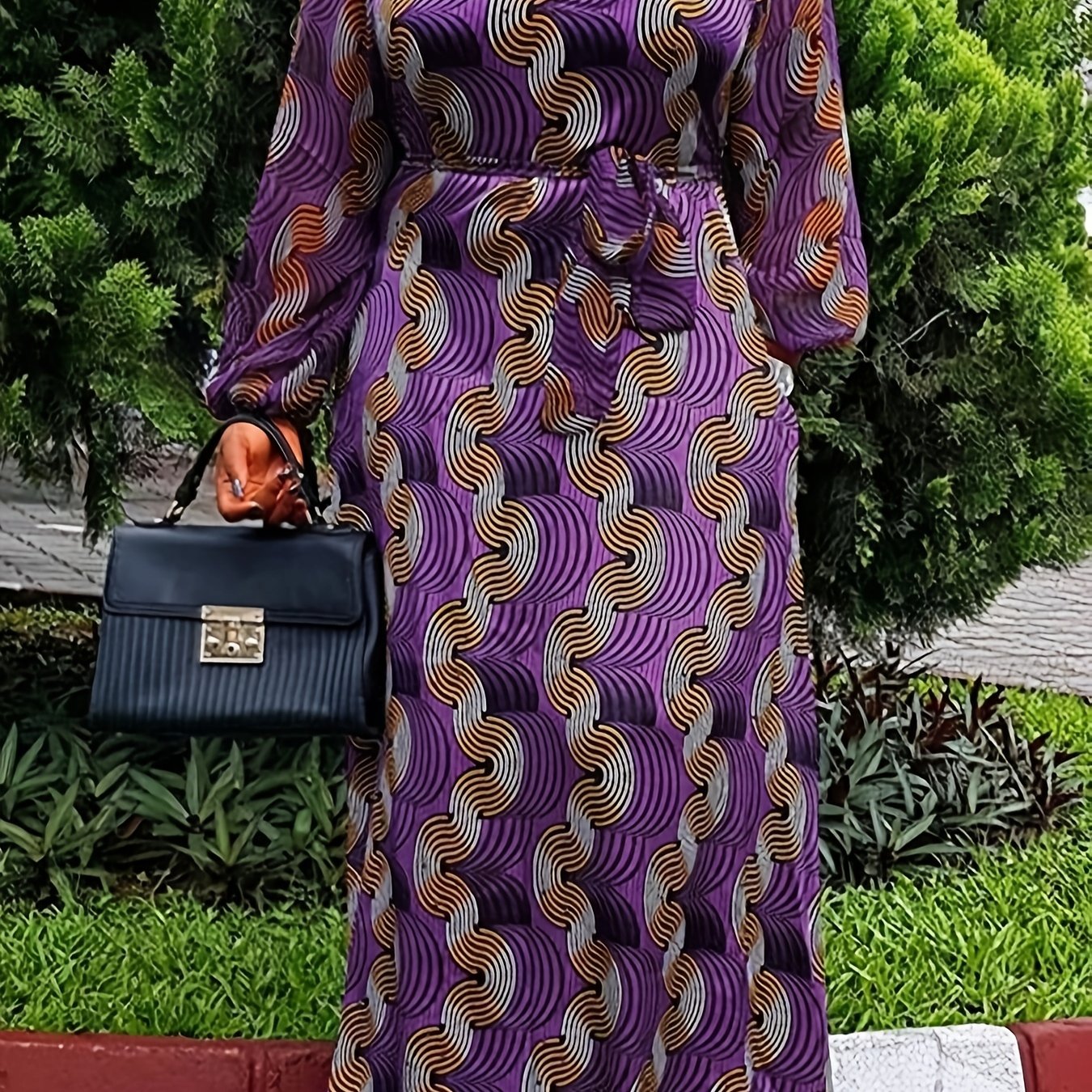  Sexy Geometric Print Lantern Sleeve Maxi Dress With Belt