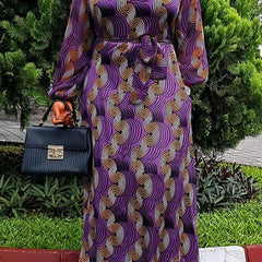  Sexy Geometric Print Lantern Sleeve Maxi Dress With Belt