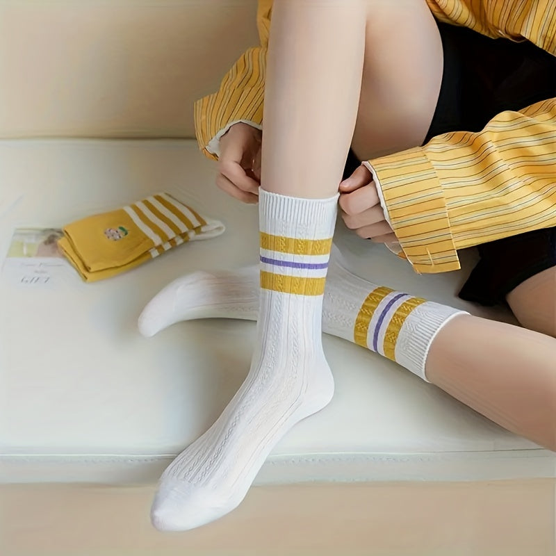 5 Pairs Striped Crew Socks Women's Stockings & Hosiery