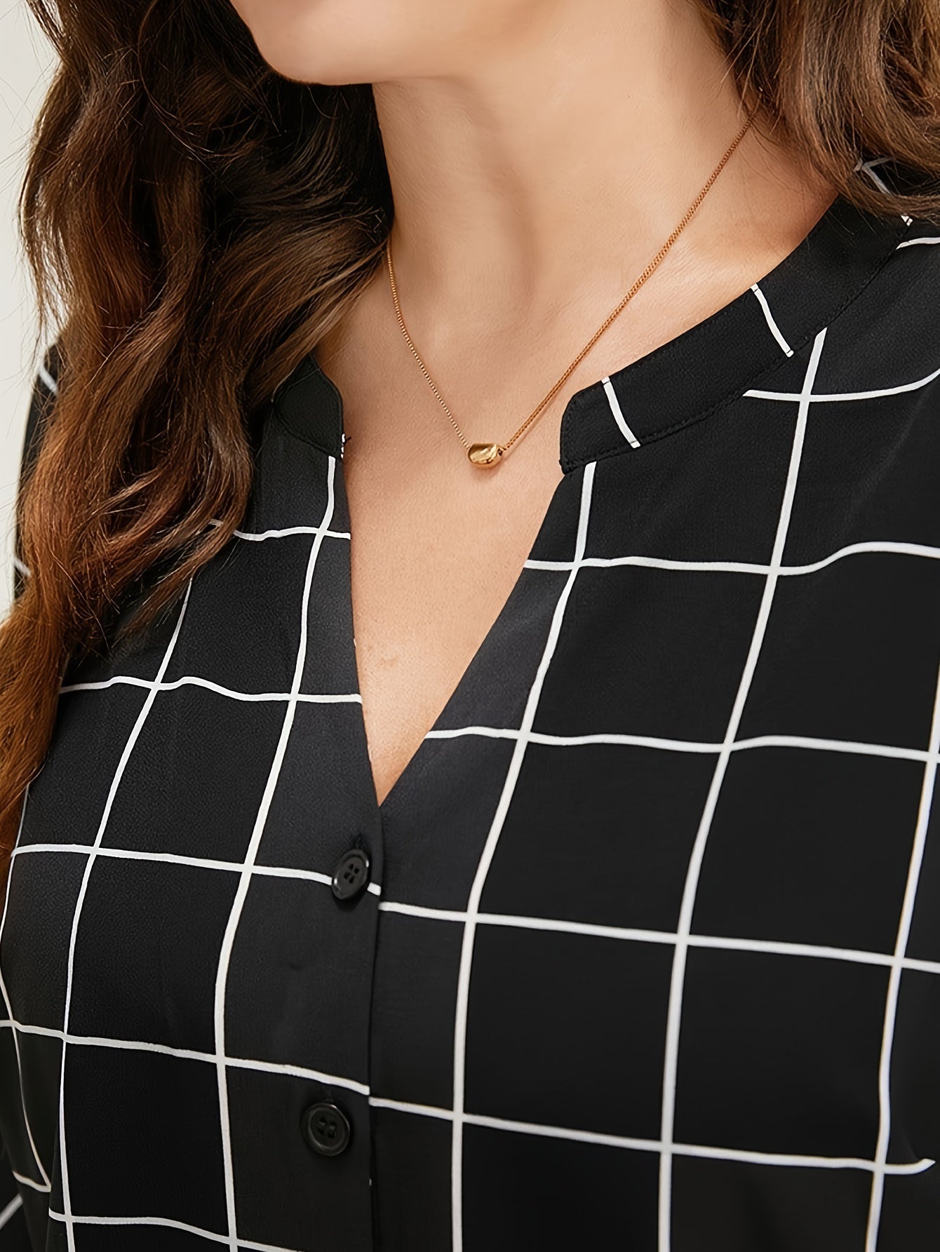 Grid Print Bell Sleeve Blouse