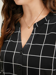  Grid Print Bell Sleeve Blouse