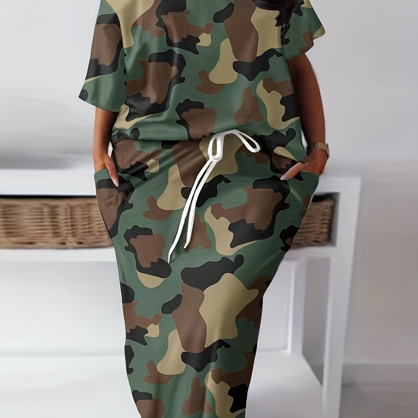  Camo Print One Shoulder Tee & Pocketed Skirt Set