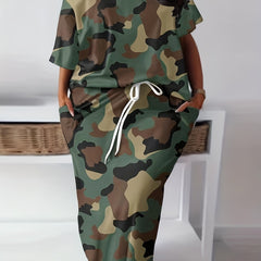  Camo Print One Shoulder Tee & Pocketed Skirt Set