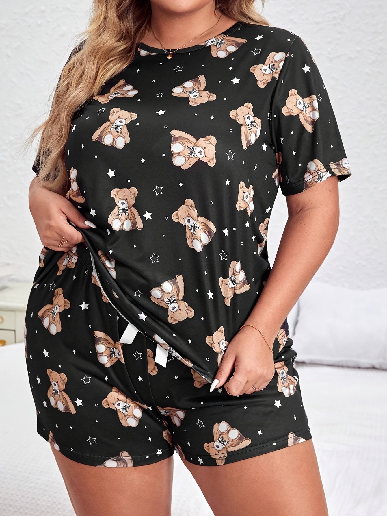  Teddy Bear Print Pajamas Set Short Sleeve Tee & Shorts Lounge Set