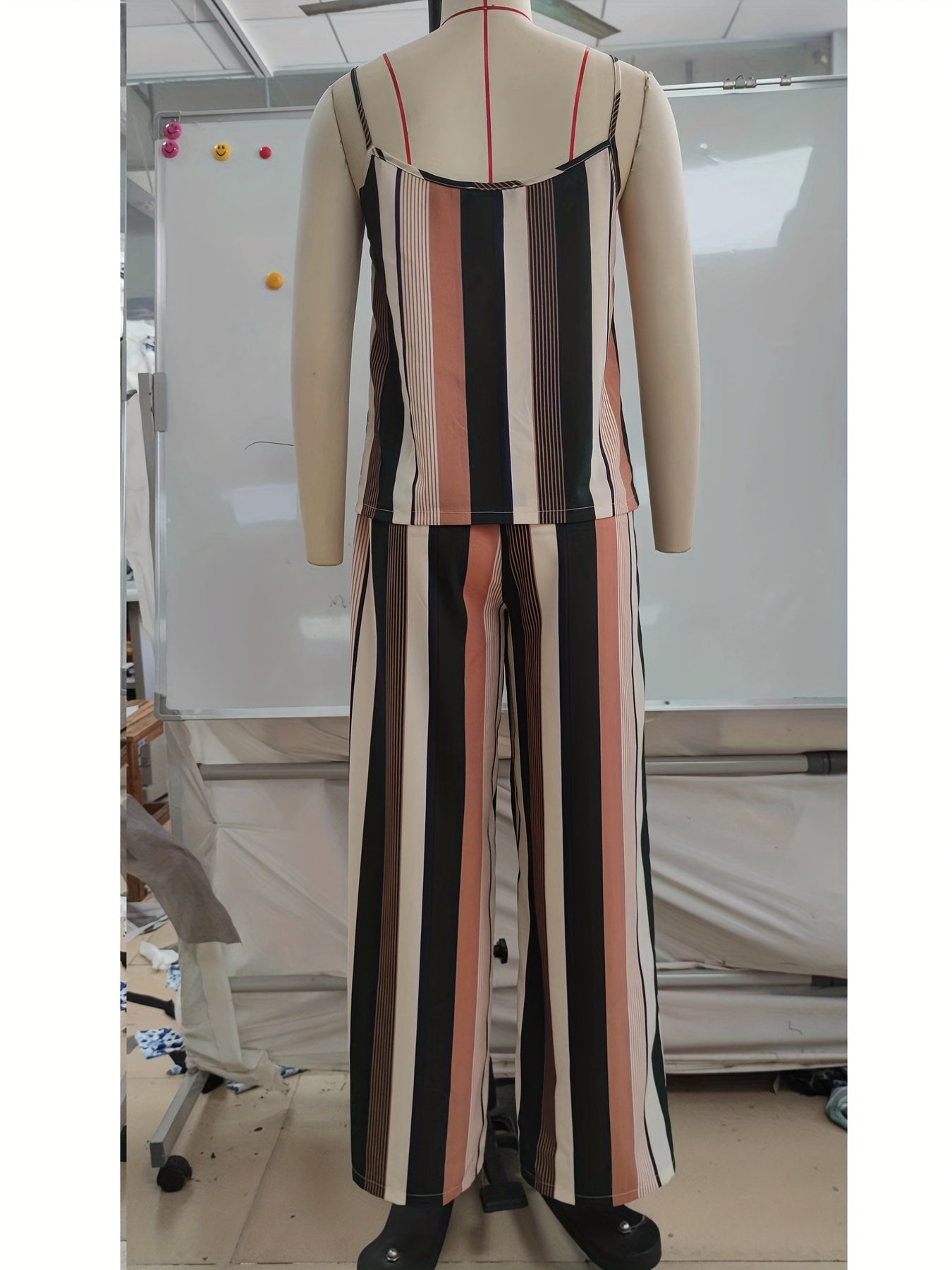Stripe Print Two piece Set Sleeveless Cami Top & Tie waist Pants
