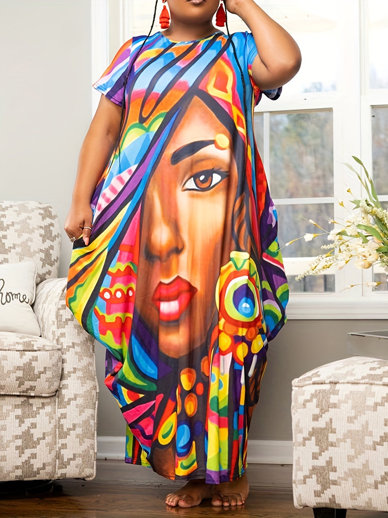  Figure Print Maxi Dress V Neck Ruched