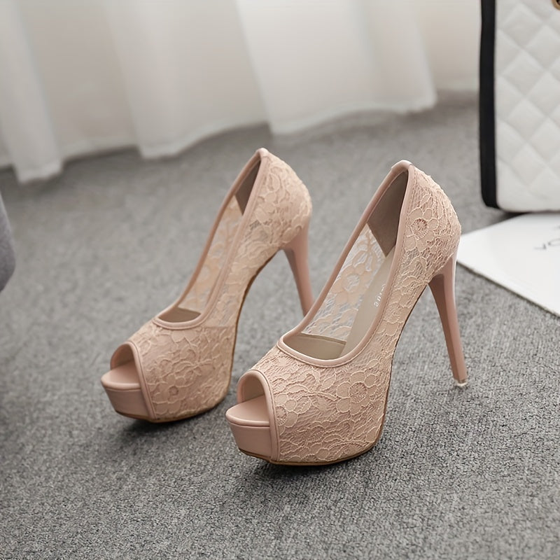 Women's Lace Stiletto Heels Peep Toe Platform Pumps