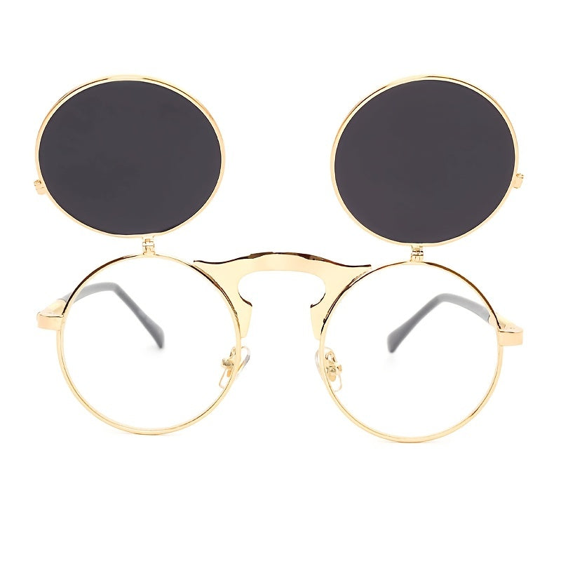 Vintage Metal Steam Punk Flip Sunglasses Unisex Round Frame Sungl