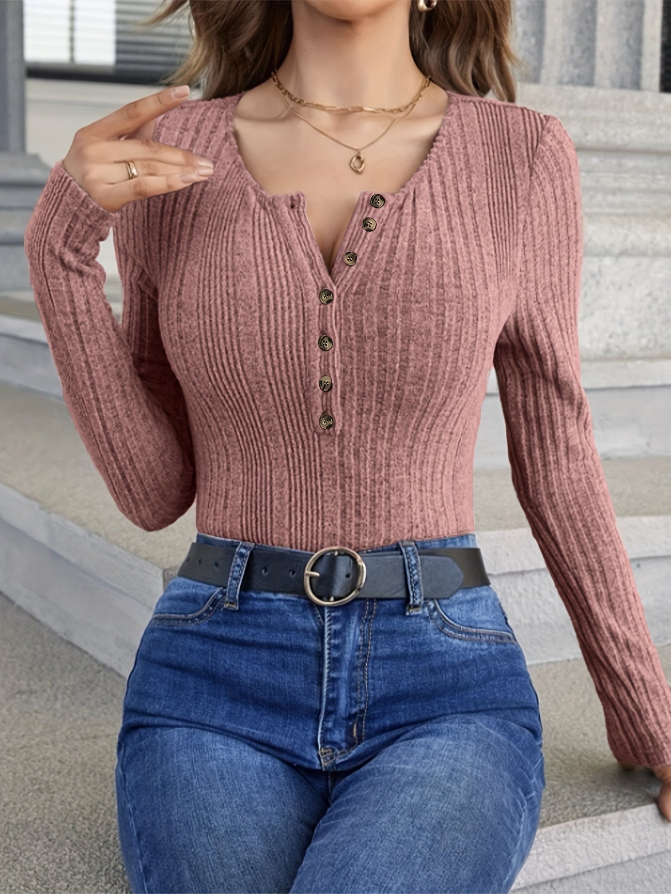  Solid Knit Top Women's Casual Half Button Long Sleeve