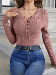 Solid Knit Top Women's Casual Half Button Long Sleeve