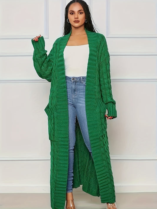  Solid Cable Long Sleeve Maxi Cardigan With Pockets