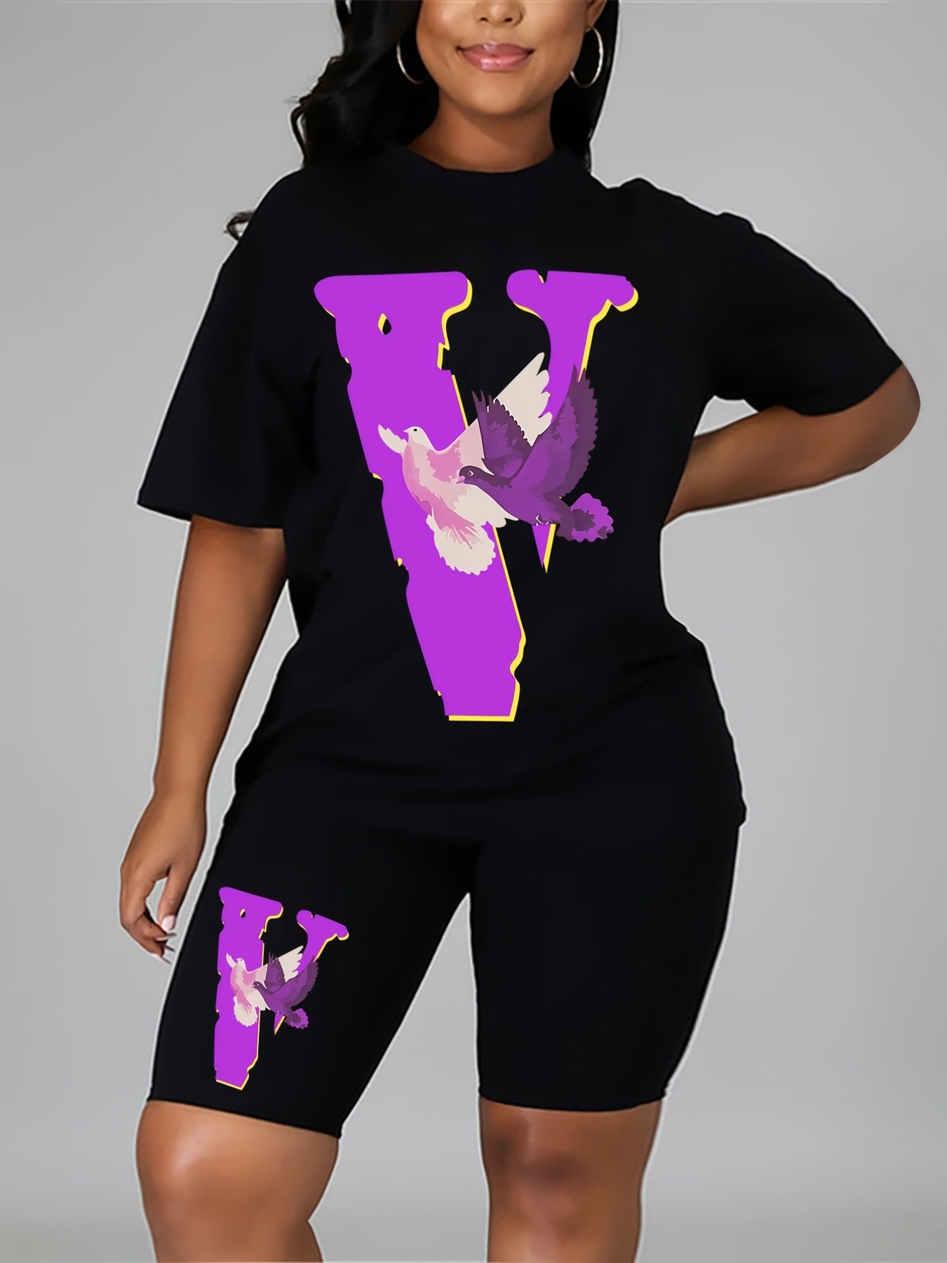Women's Plus Letter & Pigeon Print Tee & Shorts Outfits 2pcs Set