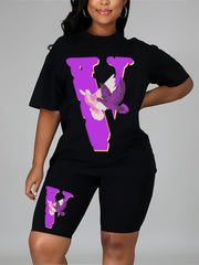Women's Plus Letter & Pigeon Print Tee & Shorts Outfits 2pcs Set