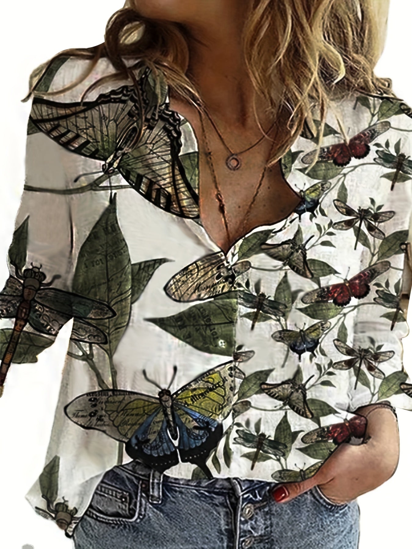  Butterfly Print Long Sleeve Button Up Shirt