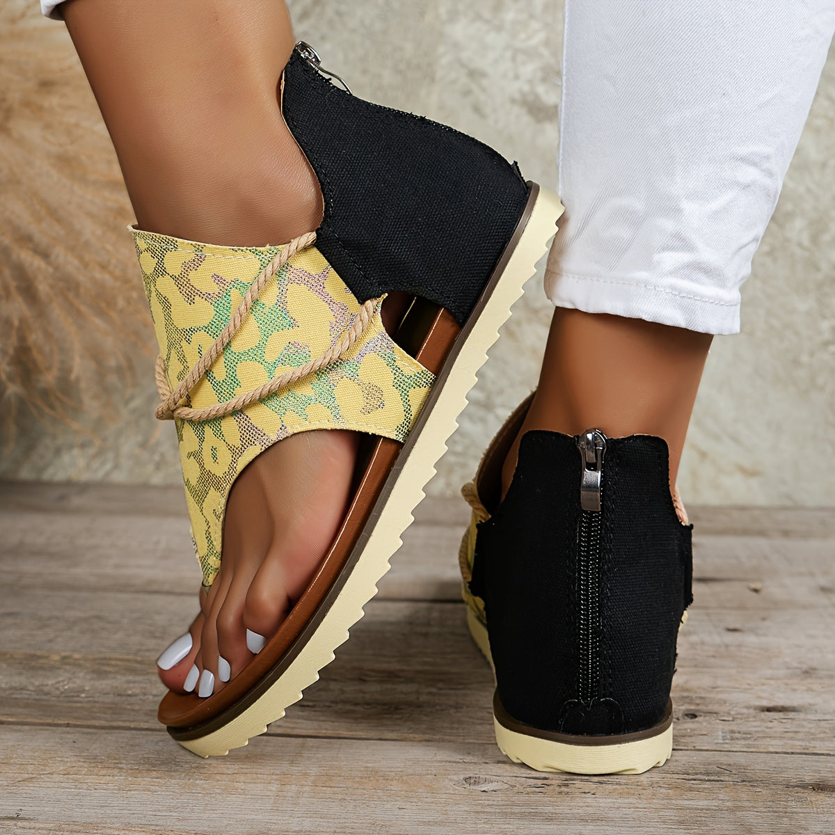 Leopard Print Thong Sandals Comfy Roman Style Vacation Beach Sandals