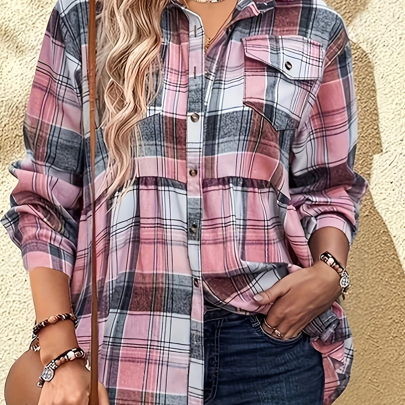  Women's Plaid Print Long Sleeve Peplum Shirt