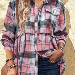 Women's Plaid Print Long Sleeve Peplum Shirt