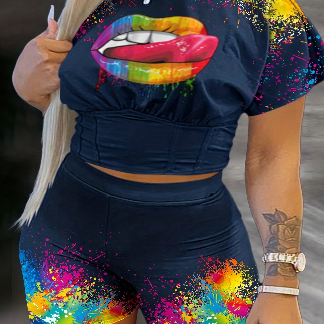 Plus Lip & Splash Print Crop Top & Shorts Set