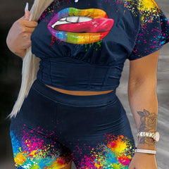 Plus Lip & Splash Print Crop Top & Shorts Set